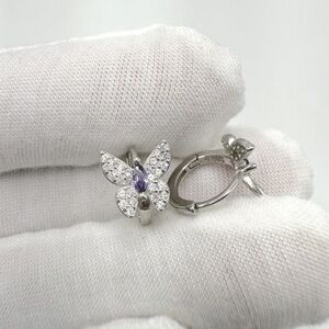 .925 Sterling Silver Butterfly Amethyst Cz and Clear Cz Huggie Earrings